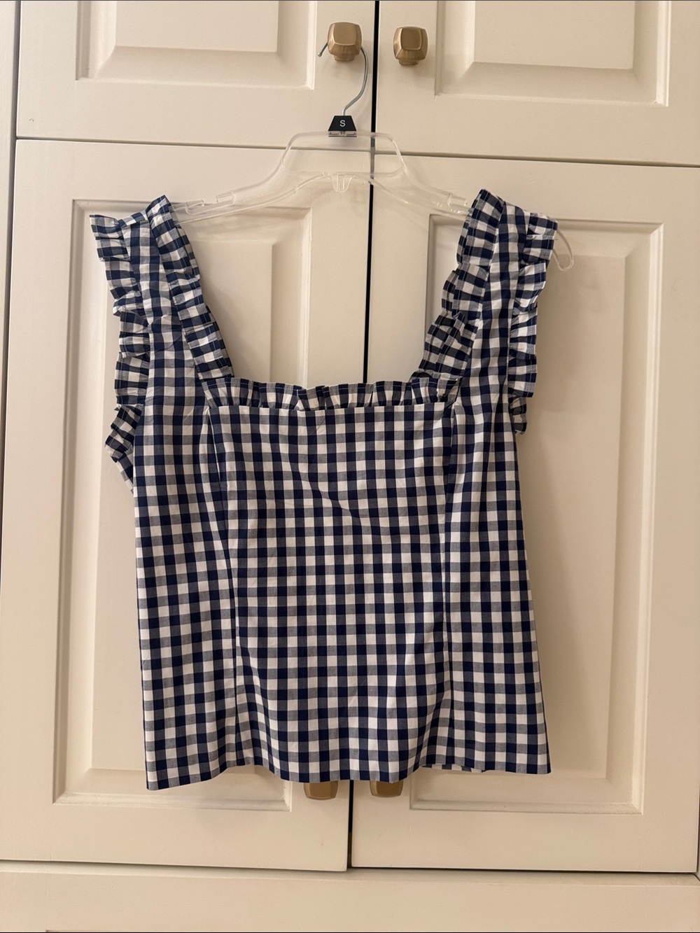 J. Crew Navy and White Gingham Ruffle Strap Tank
